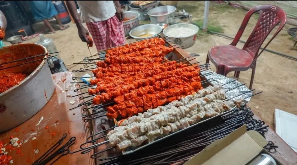 Event catering grill with skewers prepared for a programme